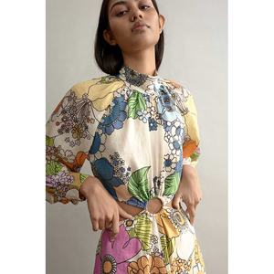 <span class=keywords><strong>FARRAH</strong></span> DÉCOUPÉ ROBE MI-LONGUE col Haut Liens au dos corsage manches Blousantes taille découpes 100% Lin robe florale - Product Image 4