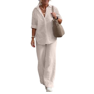 Conjunto de duas peças feminino de manga comprida de duas peças blusa de perna larga calças terno - Product Image 2