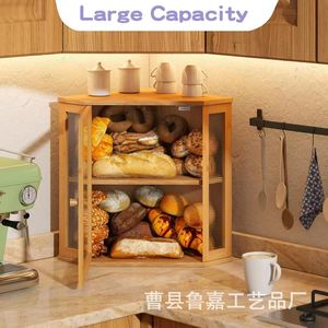Boîte à pain en bois massif Lu Jia avec double couche en verre acrylique, support de rangement pour comptoir de cuisine, couleur naturelle, grande capacité - Product Image 1