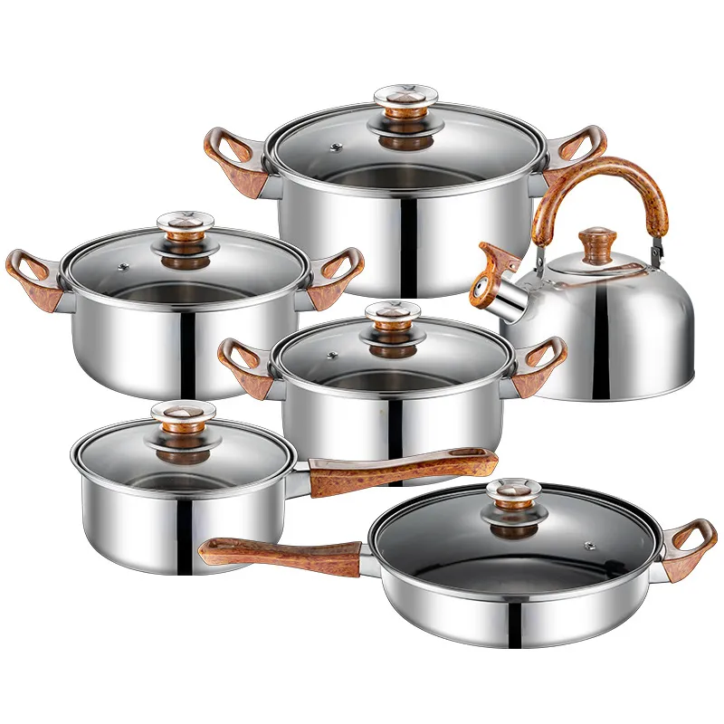Stainless steel 12-piece set wood grain kettle pot set kitchen cooking pan wholesale cookwar set major kitchen appliance cook