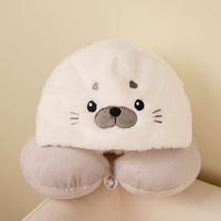 Coussin de voyage en forme de U avec capuche en peluche de phoque mignon, ultra doux pour les siestes au bureau et le soutien du cou, tailles personnalisées