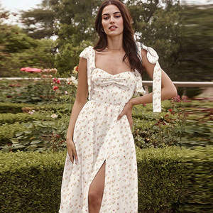 Vestido Maxi Romántico con Estampado Floral, Hombros Descubiertos, Sin Mangas, Corte en A, Chifón, Escote Corazón, Dobladillo con Abertura, Vestido Casual de Verano - Product Image 1