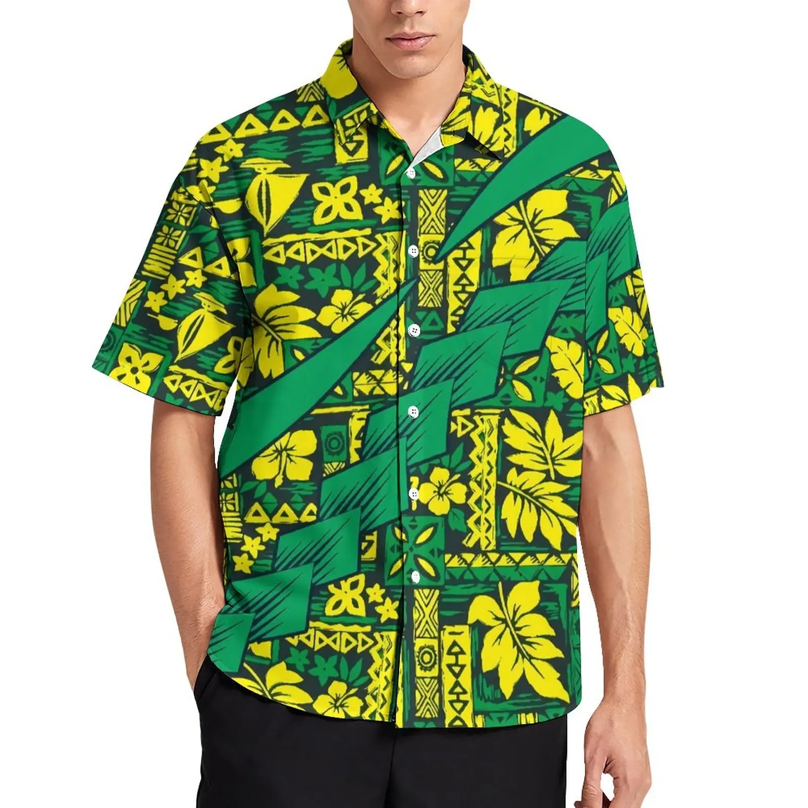 폴리네시아 의류 OEM/ODM 도매 사용자 정의 부족 꽃 대비 핫 세일 남성 슬림 핏 셔츠 반소매 Dropshipping