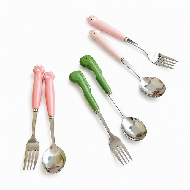 Stainless Steel Mirror Polish Spoon Fork Set with Cute Cat Paw Ceramic Handle Kawaii Animal Flatware for Presents Afternoon Tea