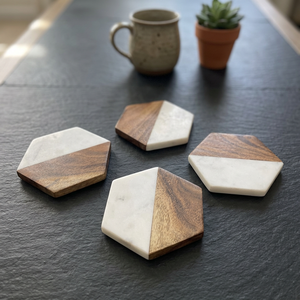 Versatile Wooden Marble Hexagon <b>Coaster</b> Set Handcrafted Heat Resistant <b>Drink</b> <b>Coasters</b> <b>for</b> Coffee Table Home Bar Decor - Product Image 1