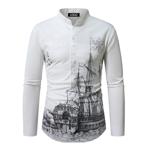 Men's White <b>Mandarin</b> <b>Collar</b> Long Sleeve Casual <b>Shirt</b> With Ship Print Digital Printing Poplin Fabric Breathable Spring Style - Product Image 1