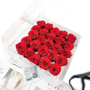 Junio China factory simple style customized Acrylic gift box with colorful preserved roses for wedding decor&valentine gifts