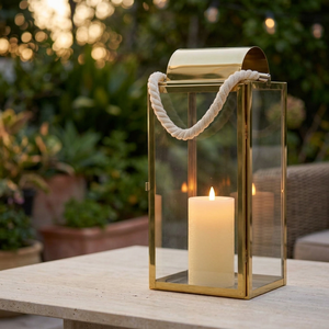 Luxury Home Tabletop & Floor Decorations <b>Gold</b> Metal Candle Holder <b>Lantern</b> with Rope Handle - Product Image 3