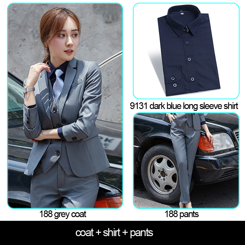 grey women's coat+pants+dark blue shirt