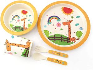 Platen Dier Gedrukt Peuter Bamboe Servies <span class=keywords><strong>Set</strong></span> 5 Stuk Kids Herbruikbare <span class=keywords><strong>Dining</strong></span> <span class=keywords><strong>Set</strong></span> Met Verdeeld Plaat Cup Kom Lepel En vork - Product Image 2