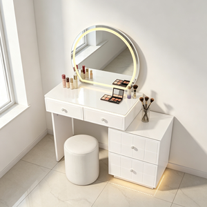Nuevo Set de Tocador con Cajones y Panel de Rejilla, Espejo Redondo con Luz LED, Taburete Cilíndrico Desmontable, Mesa de Maquillaje Blanca para Dormitorio - Product Image 2