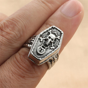 Men's Silver Skull Coffin <b>Ring</b> <b>Titanium</b> Steel Punk Style Retro Geometric Jewelry Gift - Product Image 3
