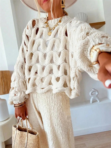 <span class=keywords><strong>Pull</strong></span> en maille à manches longues en dentelle <span class=keywords><strong>crochet</strong></span>ée décontracté de couleur unie pour femmes, idéal pour les vacances à la plage - Product Image 5