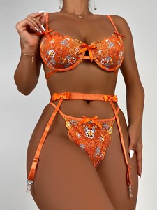Ensemble de lingerie intime RUIYI sexy, broderie florale <span class=keywords><strong>orange</strong></span>, soutien-gorge à armatures avec jarretière assortie pour femmes - Product Image 6