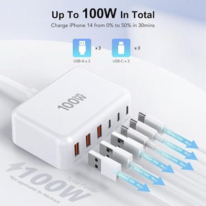 Estación de Carga USB-C GaN de 6 Puertos y 100W, Adaptador de Corriente, Cubo de Carga para <span class=keywords><strong>iPhone</strong></span> 15 14 13 12 <span class=keywords><strong>11</strong></span> Pro, Cámara, Laptop, PD - Product Image 2