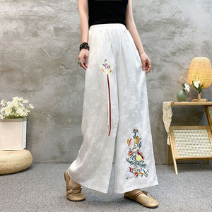 [] Chinese Ethnic Style Wide-Leg Pants Women Black And White Artistic Embroidery Casual Loose Fit - Product Image 2
