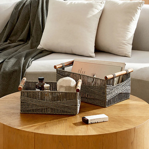 Eco-Friendly Woven <b>Storage</b> <b>Basket</b> Rectangle Black Solid Wood Handle Bathroom Living Room Desktop Organizer - Product Image 3
