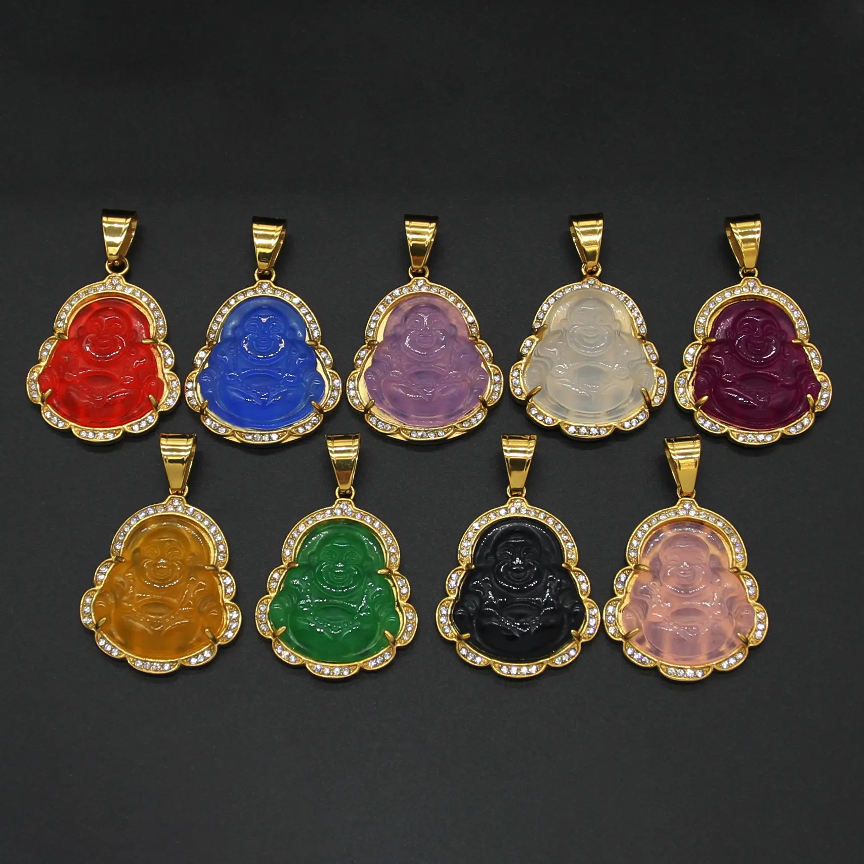 Collier pendentif bouddha en acier inoxydable, bord en cristal, plusieurs couleurs, Jade naturel, pendentif religieux
