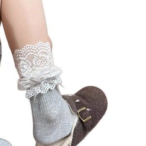 Lace <b>Socks</b> Women Mid Calf Milky White Light Gray <b>Black</b> Breathable Sweat Absorbing Polyester Fiber Bow Design - Product Image 4