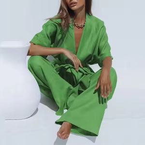 Conjunto de Dos Piezas Casual de Verano para Mujer, Diseño Moderno, en Algodón y Lino Sólido, con Cinturón, 100% Lino, Ropa Casual - Product Image 1