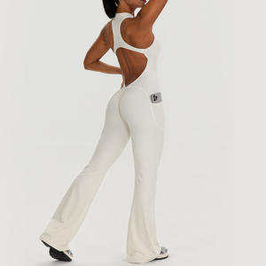 New Women's Sleeveless Yoga Romper Sexy Open Back Flare Leg Pocketed Tummy <b>Control</b> Nylon/Spandex Four-Way Stretch Quick Dry - Product Image 2