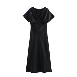 KAR & OT ZA 2025 primavera novità da donna abito <span class=keywords><strong>Midi</strong></span> a manica corta con scollo a V a trama satinata semplice 2330399 - Product Image 4