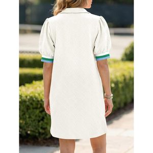 Robe d'été pour femme, mini-robe à manches bouffantes, col en V avec fermeture éclair quart de tour, texture décontractée, coupe ample, respirante, tissée - Product Image 3