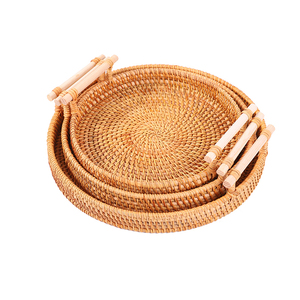 Handwoven Rattan Storage Tray With Handle Round Bread Fruit Basket Storage Baskets