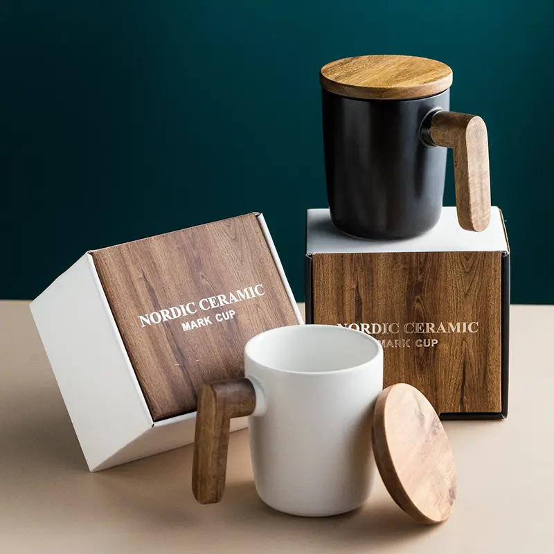 customized bamboo wooden handle mug coffee wood handle ceramic mug wooden handle with lid