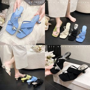 Sandalias de Tacón Alto con Pedrería Estilo Francés 6W588, Nuevo Estilo Elegante de Alta Gama, Tira Delgada, Punta Cuadrada, Sandalias Abiertas - Product Image 2