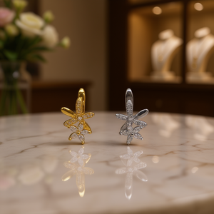 Orecchini a perno E2053 con fiore dorato, taglio brillante rotondo, montatura a griffe, gioielli classici da donna in lega - Product Image 2