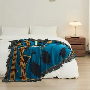 Hot Selling Bohemian Tassel Style 100% Cotton Geometric Jacquard Knitted Throw Blanket For Winter Home Decoration LW