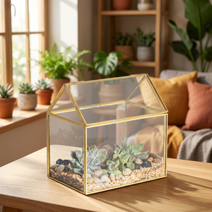 Chaman India Metal & Glass Geometric House Succulent Terrarium Tabletop <b>Vase</b> with Clear Glass & Gold Finish - Product Image 3