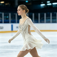 Robe de patinage artistique blanche à manches longues avec strass scintillants pour enfants et adultes, idéale pour les compétitions et spectacles sur glace
