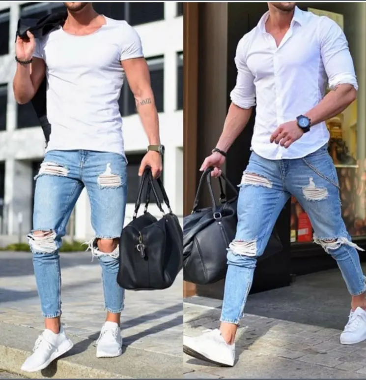 2022 New Style Custom Logo Hole Denim Jeans Men Sexy Skinny Blue Pocket Mens Jean Trousers Casual Plus Size Men'S Jeans
