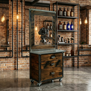 Station de barbier vintage en fer et bois durable, miroir mobile à double face, espace de rangement multiple pour les salons de coiffure masculins - Product Image 1