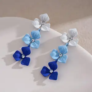S925 Silver needle spray paint gradient blue pink color flower tassel earrings with diamond earrings