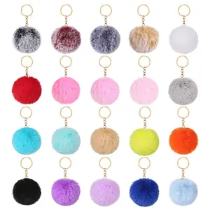 Ready To Ship Multicolor Pom Pom Keychains 8cm Ball Cute 8 Cm Fur Pompom Key Chain Ring Round Rabbit Fur Puff Ball Keychain