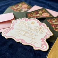 Cartes d'invitation de mariage de luxe style baroque, dorées à chaud, découpées, avec bordure enroulée, pour réserver la date