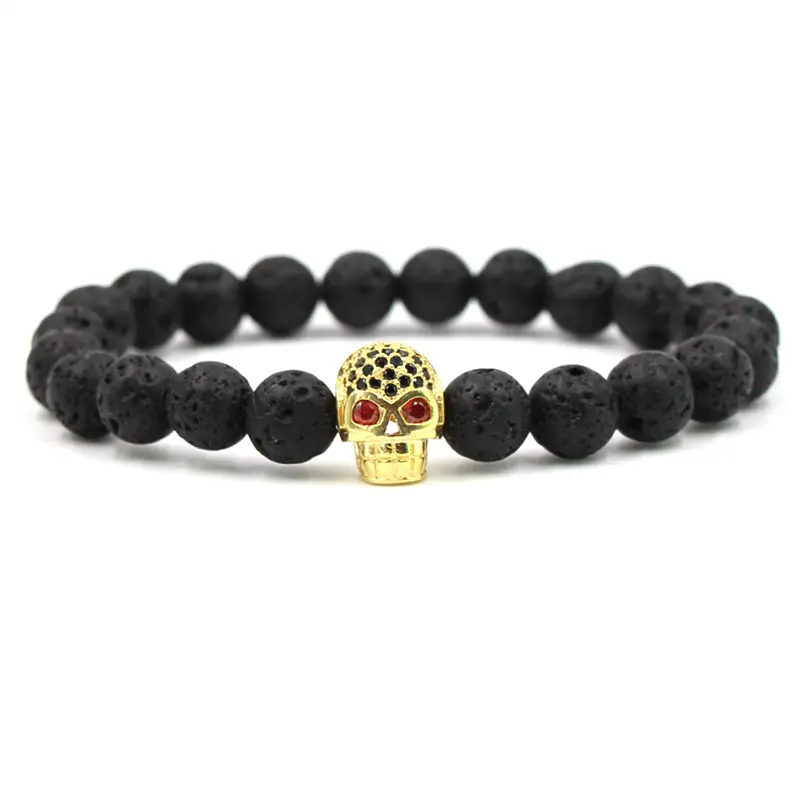 Diskon Besar Gelang Tengkorak Emas 8Mm Gelang Tali Elastis Manik-manik Buddha Batu Lava Hitam untuk Wanita dan Pria