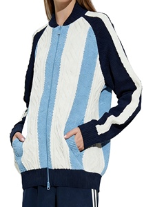 <strong>Women's</strong> Woven Casual <strong>Cardigan</strong> Vintage Sport Zip Knit <strong>Cardigan</strong> Light <strong>Blue</strong> White Striped with Cable Texture and Side Stripe Detail - Product Image 1