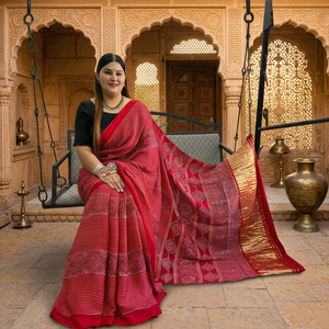 Sari en Soie Modal Imprimé à la Main Ajrakh Ethnique NAVRANG Premium, Tissu Traditionnel pour Femme, Séchage Rapide, Printemps - Product Image 2