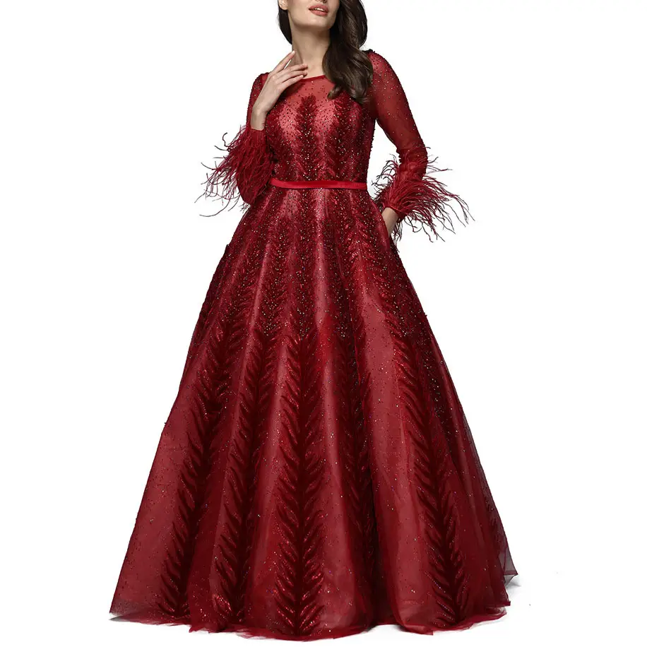 Gaun Malam Lengan Panjang Bentuk A Line Merah Anggur Baru Gaun Pesta Pengantin Ibu dengan Bulu