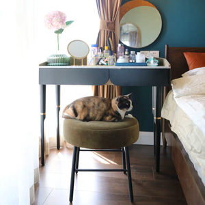 Tabouret rond moderne capitonné avec boutons, tabouret d'appoint avec pieds en bois et pieds en métal, <span class=keywords><strong>pouf</strong></span> en tissu pour salon, chambre à coucher - Product Image 4