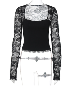 <span class=keywords><strong>Top</strong></span> Corto Trasparente con Inserti in Pizzo, Collo Quadrato, <span class=keywords><strong>Maniche</strong></span> <span class=keywords><strong>Lunghe</strong></span>, Moda Femminile 2026 - Product Image 1