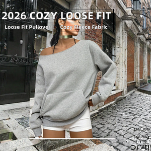 Sudadera extragrande con hombros descubiertos para mujer, suéter de forro polar de manga larga con cuello redondo y bolsillo para otoño e invierno - Product Image 2