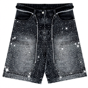 Fabricantes de Ropa Shorts de Jean Vintage Personalizados de Moda Urbana con Pedrería y Dobladillo Deshilachado para Hombre - Product Image 1