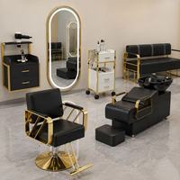Sillón de Peluquería Moderno de Gran Venta, Set de Muebles de Barbero de Metal y Cristal con Espejo LED, Carrito y Cama de Lavado para Salón de Belleza
