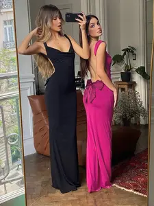 Elegant 2024 Spring Sleeveless Cami Backless Bowknot Dress Bodycon Sexy Package Hip Maxi Dress For Women Lady