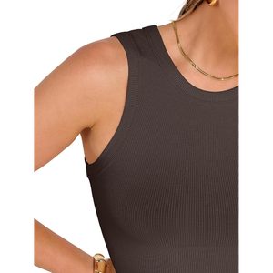 FOXA Débardeur court côtelé pour femme, col montant, sans manches, coupe ajustée, décontracté, basique, pour l'été et l'entraînement - Product Image 4